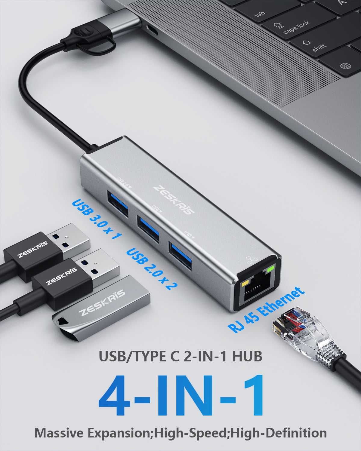 ZESKRIS 4 in 1 USB C Hub with 100Mbps Ethernet Port, 1 USB 3.0 and 2 USB 2.0 Ports