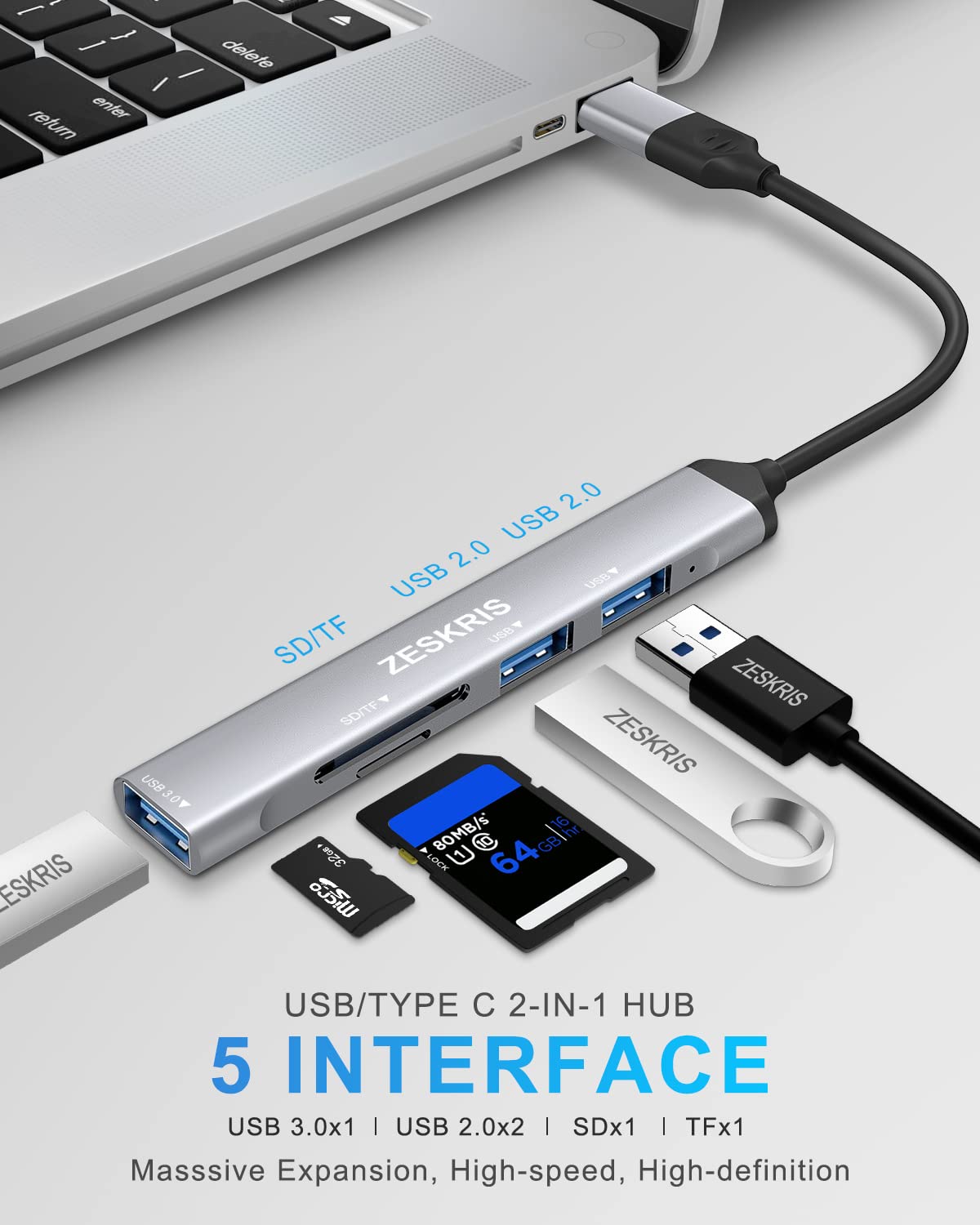 5 in 1 USB C Hub with 1 USB 3.0, 2 USB 2.0, TF/SD/MicroSD Card Reader