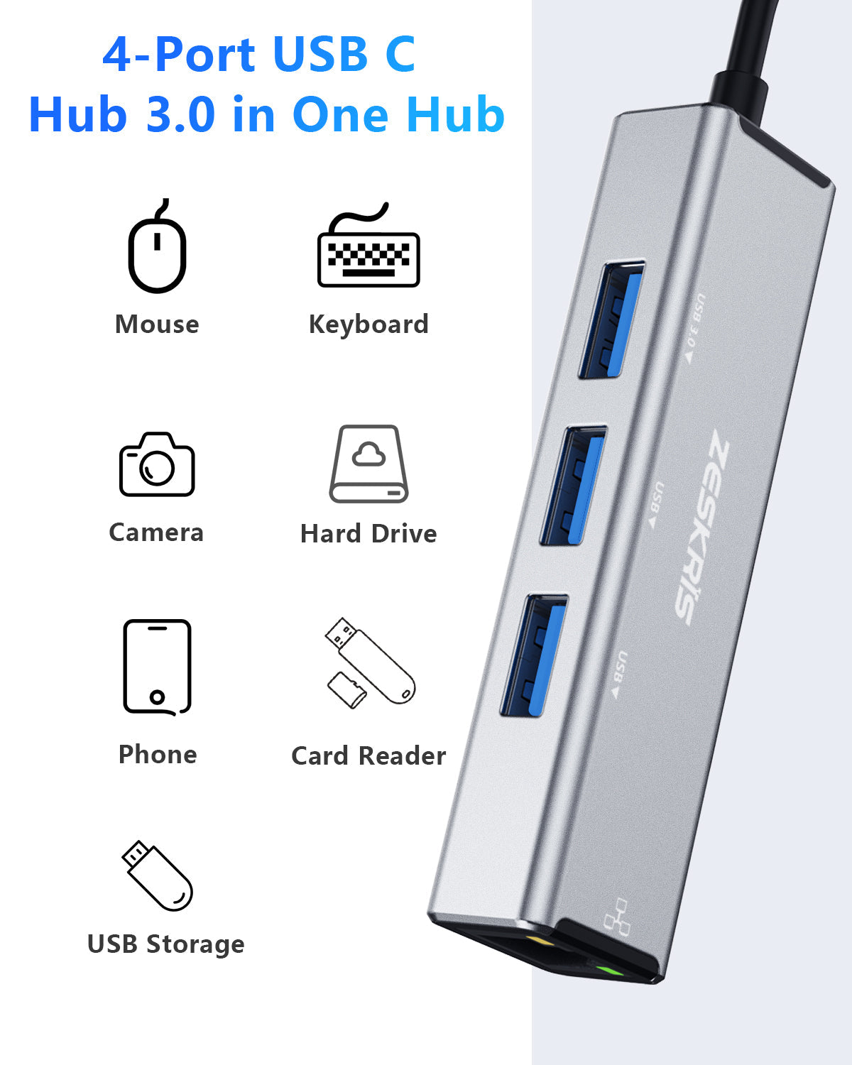 ZESKRIS 4 in 1 USB C Hub with 100Mbps Ethernet Port, 1 USB 3.0 and 2 USB 2.0 Ports