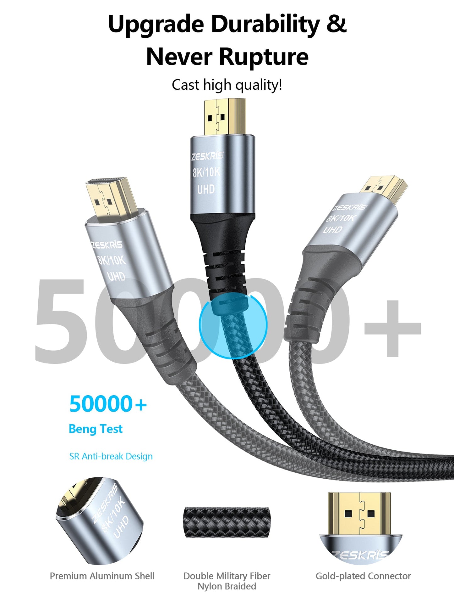 ZESKRIS 8K HDMI 2.1 Cable 48Gbps Ultra High Speed Braided Cord Cable